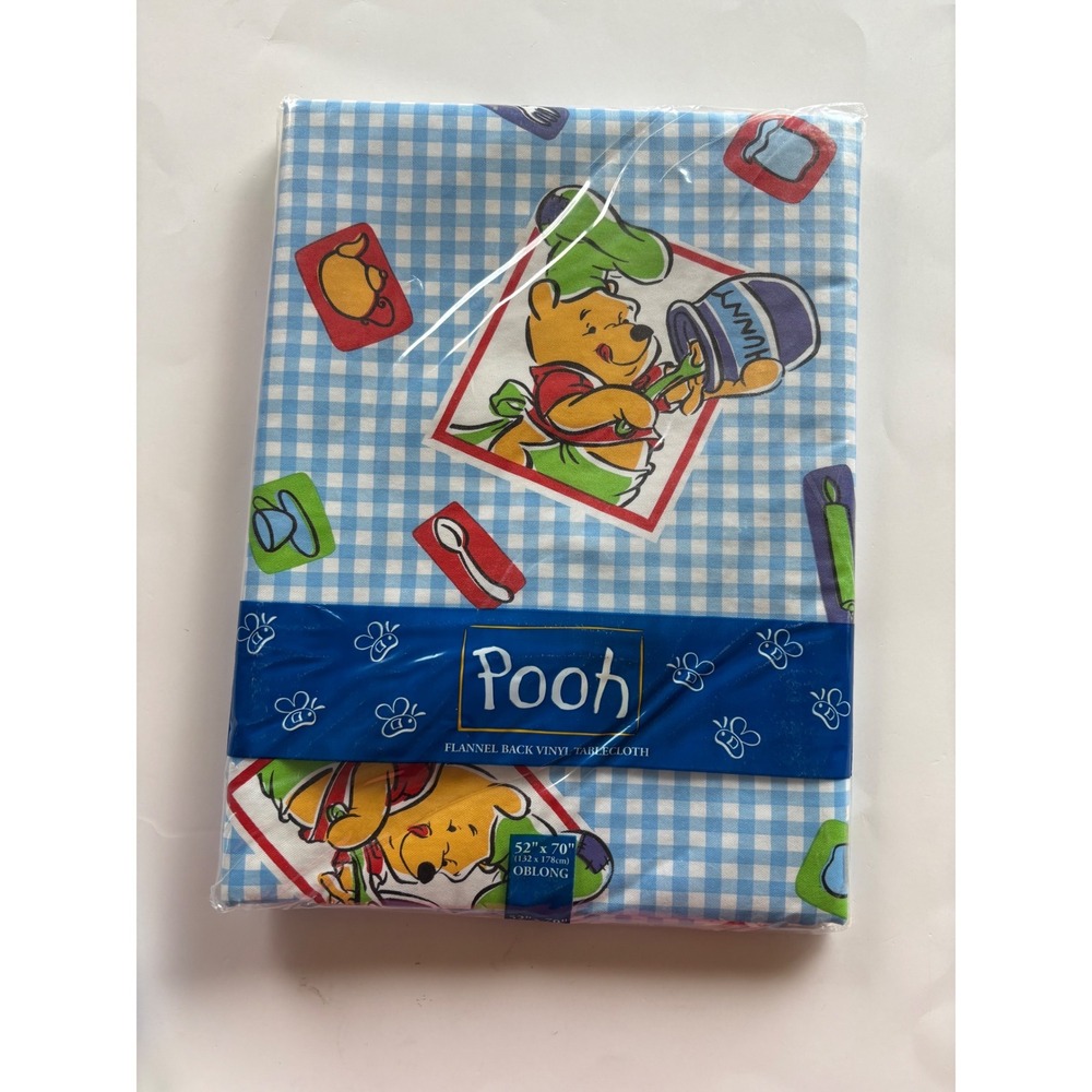 VTG Disney Winnie the Pooh Vinyl Tablecloth 52x70 Oblong Blue Gingham‎ Flannel